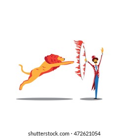 tiger jumping through a ring of fire isolated on white background. circus show
