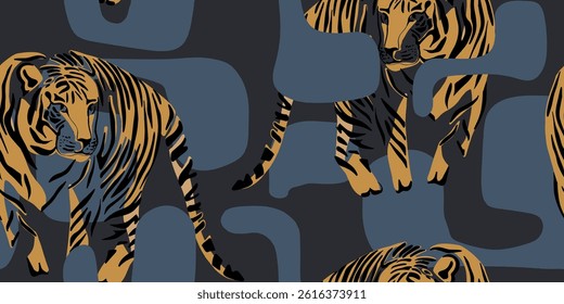 Tiger in a jungle of abstract forms. Seamless pattern
