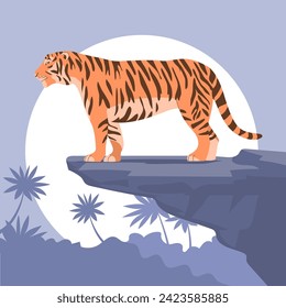 Tiger in the jungle. Big wild cat. Strong animal predator. Striped orange skin. Fauna and zoo. Flat vector illustration. Green jungle. Wildlife background