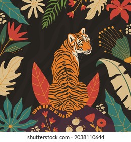 Tiger in the jungle card poster, hand drawn floral foliage illustrations. 