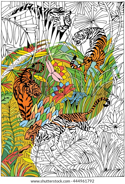 Download Tiger Jungle Coloring Page Stok Vektör (Telifsiz) 444961792