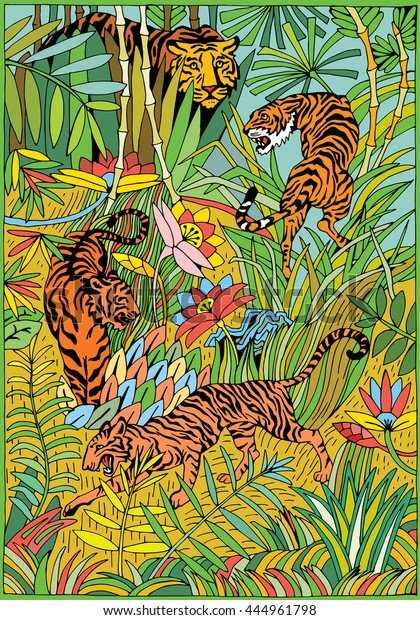 Tiger Jungle Coloring Page Stock Vector (Royalty Free) 444961798