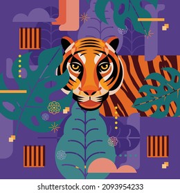 Tiger in the jungle graphic style and elements, vector illustration and design.