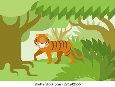 Tiger in the jungle habitat flat design cartoon vector wild animals. Flat zoo nature children collection.