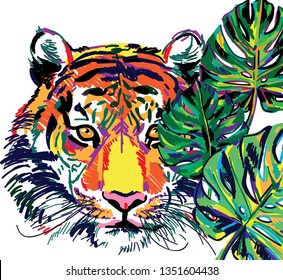 Tiger in the jungle. Large leaves of tropical plants. Multicolored drawing.