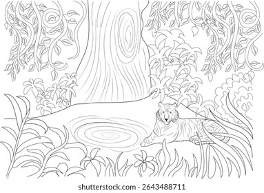 Tiger in the Jungle Line Art Illustration, ilustração em preto e branco de um tigre que descansa perto de uma piscina em um ambiente exuberante de selva com vegetação espessa e uma grande árvore.