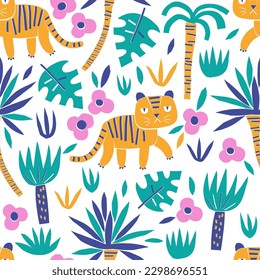 Tiger in Dschungelpapier Form Schneiden Stil Vektor nahtlose Muster. skandinavische kindische wilde Sommerhintergrund. Babyoberflächen-Design für Textilgewebe