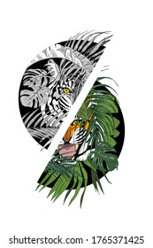 Tiger in the jungle, predator among the leaves lurking, print for clothing design, vector illustration