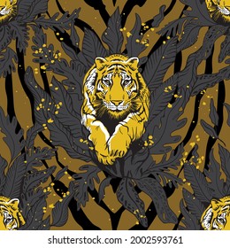 Tiger in the jungle seamless pattern, freehand drawing of a tiger jumping, jungle. Illustration for printing on T-shirts, textiles and souvenirs.