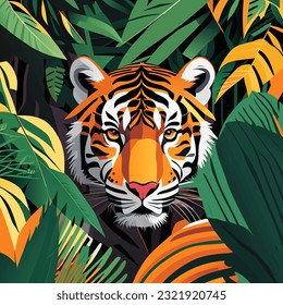 Tigre en la selva. Ilustración vectorial. Se puede usar como impresión en camisetas y bolsas.