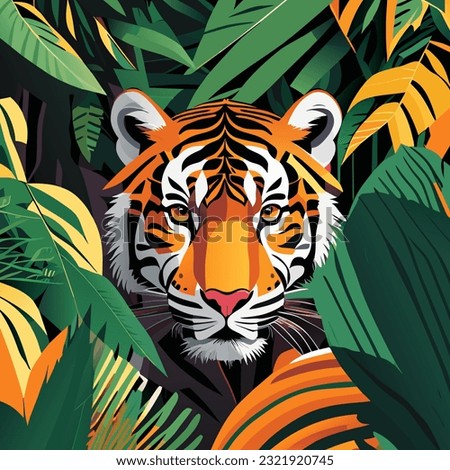 Tiger in jungle. Vector illustration. Can be used as a print on t-shirts and bags.