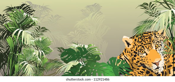 tiger in the jungle (vector illustration tropical plants)
