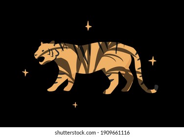 Tiger in jungles. Vector silhouette over black background.