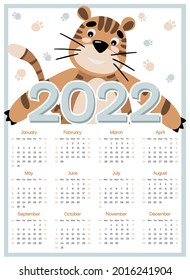 Tiger Kids Calendar 2022 Week Starts On Sunday A4, Cartoon Character On White Background. Cute Animal Character With Adorable Elements, For Wall Poster, Card, Agenda, Nursery. Vector Illustration