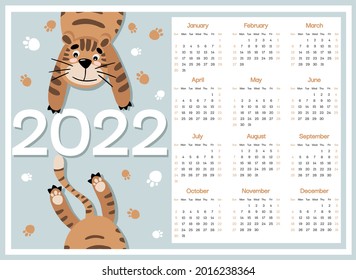 Tiger kids horizontal calendar 2022 week starts on Sunday, character on blue background. Cute animal character with adorable elements, for wall poster, card, agenda, nursery. Vector illustration