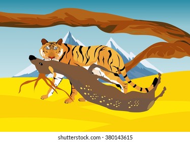 Tiger killing his prey deer. Vector landscape. Vector illustration. Wildlife