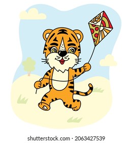 Tiger with kites illustration. Cartoon Chinese New year 2022 horoscope character. Animal symbol color vector sketch