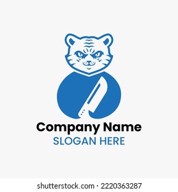 Tiger Knife Logo Negative Space Concept Vector Template. Panther Holding Knife Symbol