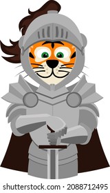 Caballero tigre. Graciosa ilustración vectorial en estilo de dibujos animados.