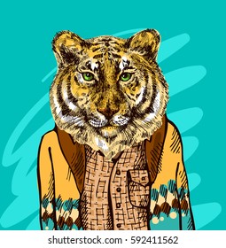 Tiger in knitted sweater. Vector illustration for greeting card, poster, or print on clothes. Fashion Style drawing. Hipster.