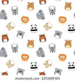 Tiger, koala, leopard, zebra, elephant, lion on seamless pattern. Squishmallow. Kawaii, vector. Isolated vector illustration eps 10