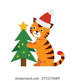 Um tigre com um grande chapéu de Papai Noel colocando estrelas sólidas em uma árvore de Natal, melhorando uma cena de Natal alegre.