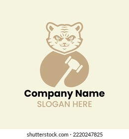 Tiger Law Logo Negative Space Concept Vector Template. Panther Holding Hammer Symbol