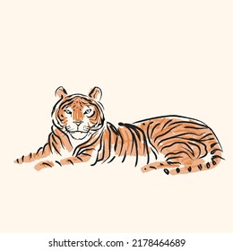 Tiger lay down character rough hand drawn vector illustration.