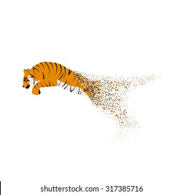 Tiger leaping from the disintegrated pieces