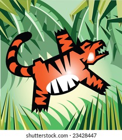 Tiger leaps in the jungle.