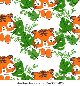 Tiger with leaves tropical summer print for a nursery. Vector illustration stock. 