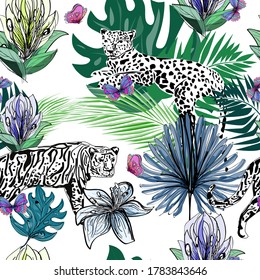 tiger, leopard, butterflies, lily flowers on tropical leaves, seamless pattern