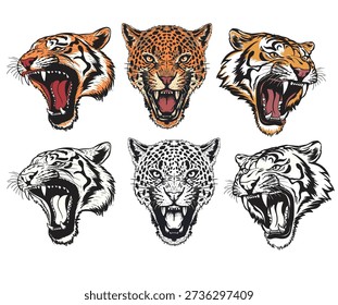 Tiger and leopard face set design. Wild and free artwork.