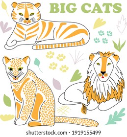 Tiger, leopard, lion and simple plants in hand drawing doodle style. Cute big cats vector graphic illustration for children posters, postcards, textile