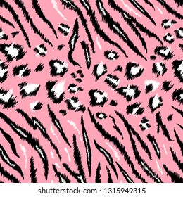 Tiger Leopard Texture Seamless Animal Pattern. Striped Fabric Background Wild Animals Skin Fur. Fashion Pink Abstract Design Print for Wallpaper, Decor. Vector illustration