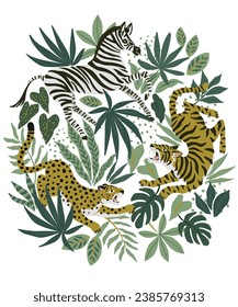 Tiger, leopard and zebra on tropical background. Safari animal print. Fashionable fabric design.