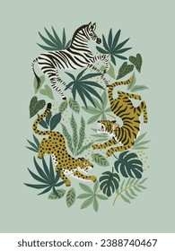 Tiger, leopard and zebra on tropical background. Safari animal print. Fashionable fabric design.