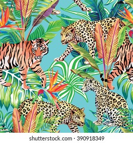 tiger and leopards in the jungle seamless background