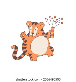 Tiger lets off fireworks cartoon outline red cute character. Vector isolated illustration.