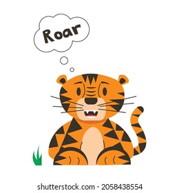 The tiger lies down and growls. Vector illustration in flat style