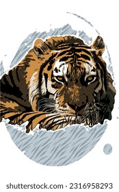 The tiger lies on the grass and looks sadly into the distance, vector illustration