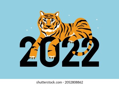 Tiger lies on top of 2022. Happy new year abstract greeting card. Chinese zodiac symbol cartoon vector illustration. Year of tiger isolated on blue background. Print design, poster, banner, calendar