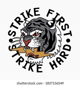 Tiger with Lightning Illustration and Strike First Strike Hard Slogan Artwork for Apparel and Other Uses