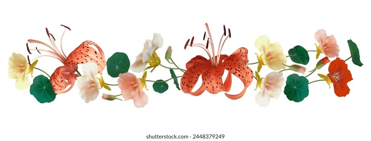 Tiger lily. Beautiful pattern of multi-colored tropical flowers. Nasturtium. Green leaves. Border.