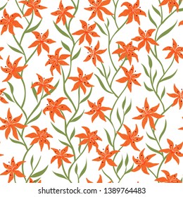 Tiger Lily Seamless pattern. Abstract lily flower design with wavy vertical stem and leaf. Vector illustration background for interior, fashion, textile, surface, web, home decor and graphic design.