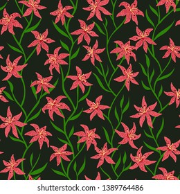 Tiger Lily Seamless pattern. Abstract lily flower design with wavy vertical stem and leaf. Vector illustration background for interior, fashion, textile, surface, web, home decor and graphic design.