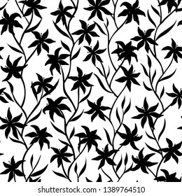 Tiger Lily Seamless pattern. Black and white lily flower design with wavy vertical stem and leaf. Vector illustration background for interior, fashion, textile, surface, web, home decor and graphic