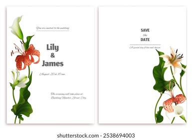Lírio tigre. Convite de casamento. Fundo floral. Folhas e flores tropicais sobre um fundo branco. Lírios brancos.