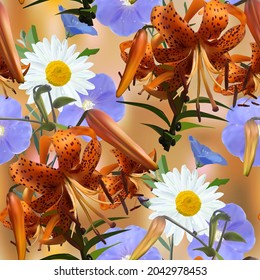 Tiger lily, white chamomile, blue flax, flowers and blossoms linen close up  on a brown abstract background. Floral seamless pattern, EPS 10,  vector illustration
