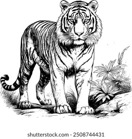 Arte de línea de tigre | Ilustración en blanco y negro

Captura la belleza salvaje de la naturaleza con esta detallada línea en blanco y negro de un majestuoso tigre